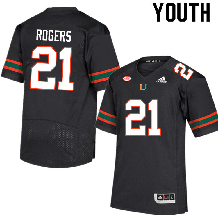 Youth #21 Khamauri Rogers Miami Hurricanes College Football Jerseys Sale-Black
